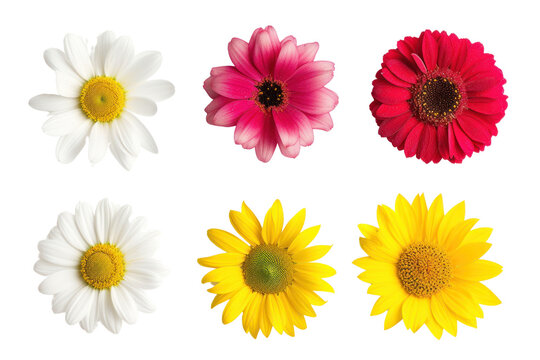 Top-down view Various Flowers isolated on transparent and white background.PNG image	