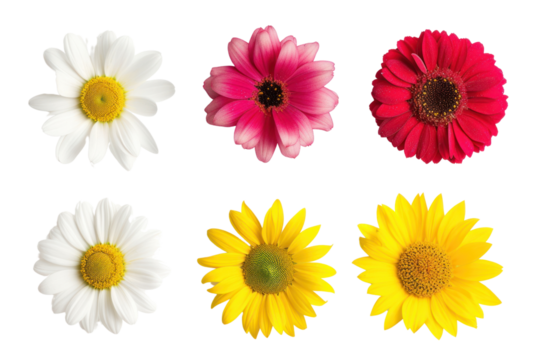 Top-down view Various Flowers isolated on transparent and white background.PNG image	