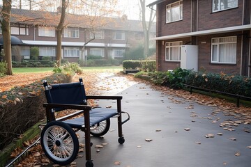 Fototapeta na wymiar A lone wheelchair rests on the outdoor driveway, surrounded by the autumn leaves and parked bicycles, symbolizing both independence and stillness in the face of change