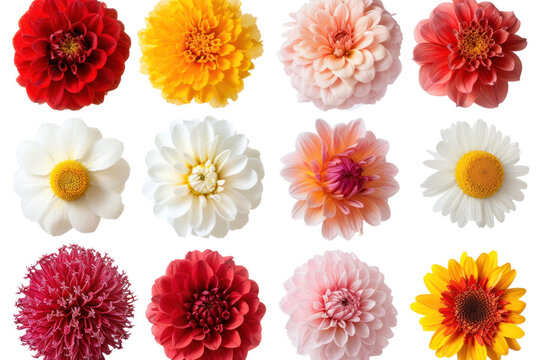 Top-down view Various Flowers isolated on transparent and white background.PNG image	