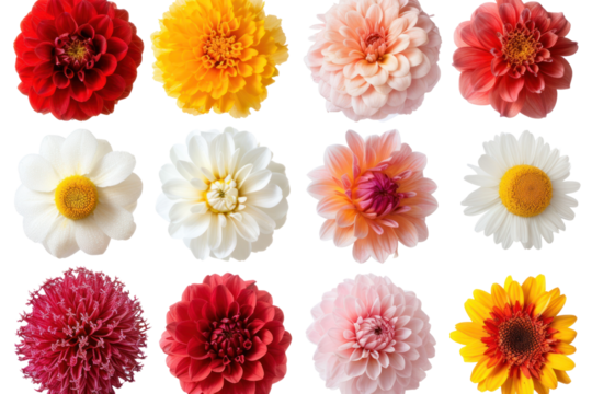 Top-down view Various Flowers isolated on transparent and white background.PNG image	