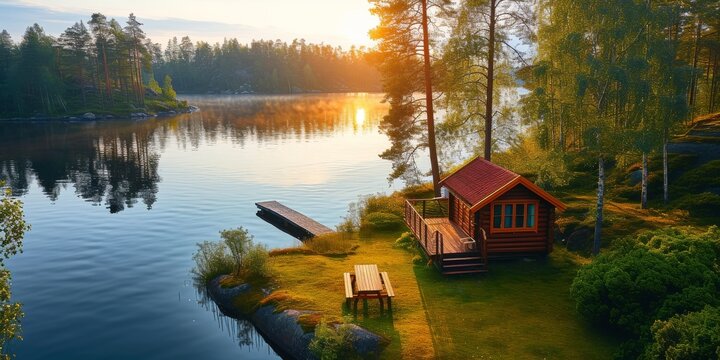 As the autumn sunrise paints the sky with hues of orange and pink, a quaint cabin nestled among trees reflects on the tranquil waters of the lake, surrounded by lush grass and a boathouse, creating a