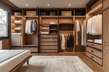 A cozy cabinetry-filled closet nestled within a hardwood-floored room, featuring a ceiling-to-floor wardrobe with shelves and drawers for all your storage needs