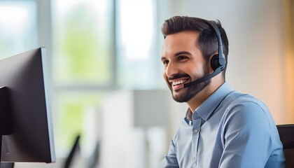 25-year-old arab man answering calls in a call center