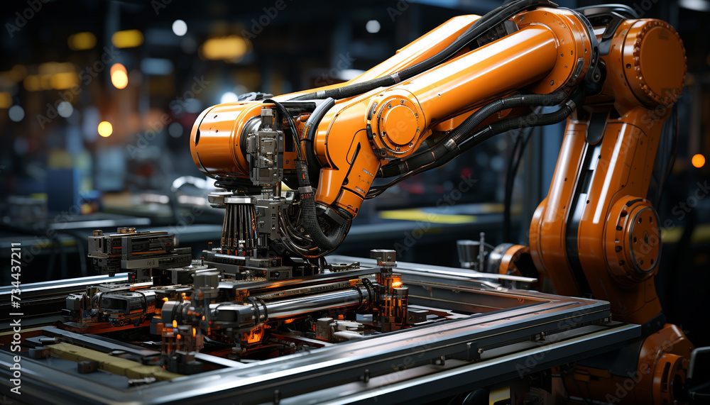 Poster automated robotic arm constructs steel machinery in futuristic factory generated by ai