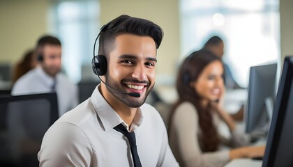 Portrait of a cheerful young latino working in a call center