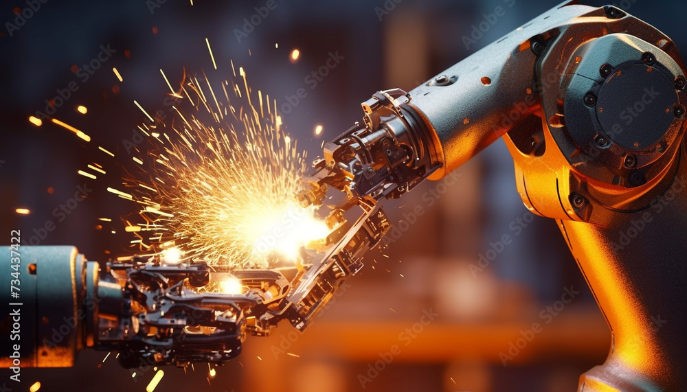 Poster Automated robotic arm welding steel in futuristic metal industry generated by AI