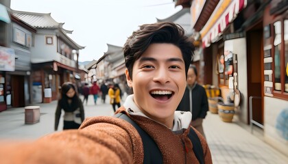 25-year-old peruvian youth taking a selfie on the streets of Seoul, Korea