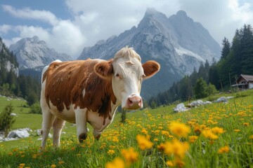 Fototapeta na wymiar A solitary dairy cow gazes upon a colorful meadow of flowers, surrounded by the breathtaking landscape of mountains and open sky
