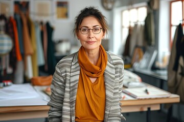 A fashionable woman stands confidently in a store, her grey and white jacket complimenting her human face framed by glasses and a scarf, against a wall adorned with art, showcasing her impeccable sen - obrazy, fototapety, plakaty