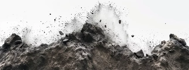 Foto op Canvas Rock stone white background fall black falling space isolated splash dust mountain cliff flying. Earth stone boulder texture rock abstract broken powder white dirt blast float burst fantasy surface © BackgroundWorld