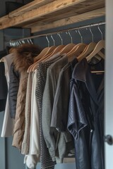 An eclectic group of stylish clothes hang in a boutique closet, awaiting their next adventurous night as swinging pieces in the world of fashion