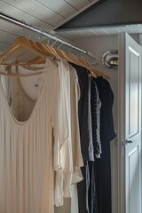 A hidden sanctuary for the wild and adventurous, this indoor closet boasts a colorful display of fashion and freedom with clothes hung on swinging hangers against a backdrop of curtains and wardrobes