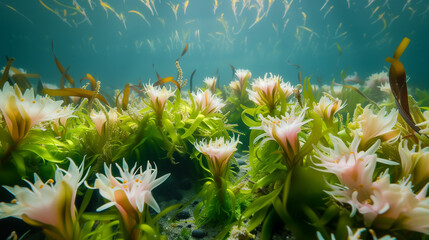 Underwater flowering plants like Grasswrack, Grassweed, and Coral grace the ocean floor, adding to the rich biodiversity of marine life beneath the waves.