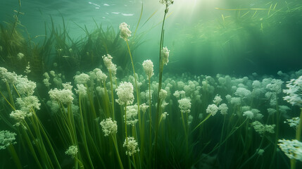 Fototapeta na wymiar Underwater flowering plants, including Grasswrack, Grassweed, and Coral, create a vibrant and colorful ecosystem beneath the sea, contributing to the natural beauty and diversity of marine environment