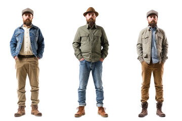 same man in different style clothes isolated on transparent and white background.PNG image	