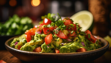 Fresh guacamole, a healthy vegetarian meal, ready to eat on a plate generated by AI