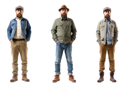 same man in different style clothes isolated on transparent and white background.PNG image	