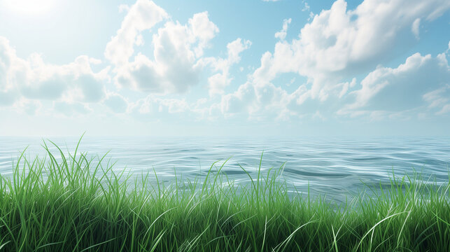 A tranquil scene featuring lush green grass against the backdrop of a serene sea and a sky painted in shades of blue with drifting clouds, evoking a sense of peace and natural beauty.