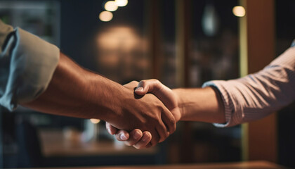 Businessmen shaking hands in a successful partnership agreement indoors generated by AI - obrazy, fototapety, plakaty