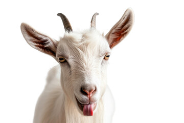 Portrait of a goat showing tongue isolated on transparent and white background.PNG image	