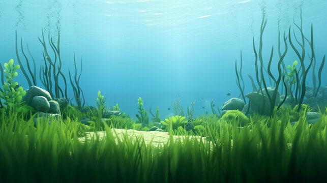 An enchanting underwater scene featuring lush aquatic plants swaying gently beneath the water's surface, creating a serene and picturesque aquatic background.
