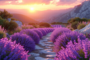 Obraz premium A peaceful stroll through the lavender fields, where fragrant blooms stretch to the horizon, creating a sensory feast. Concept of aromatic landscapes. Generative Ai.