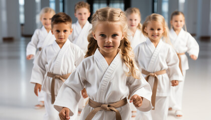 Fototapeta na wymiar Group of children practicing taekwondo in sports uniforms, smiling happily generated by AI