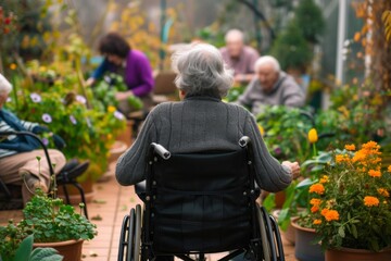 A woman in a wheelchair enjoys the serenity of nature as she sits among colorful flowers and lush houseplants in her outdoor garden, dressed in comfortable clothing