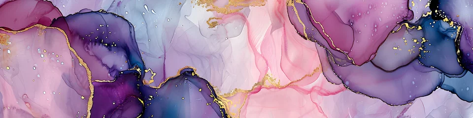 Fotobehang Banner with fluid art texture. Backdrop with abstract mixing paint effect. Liquid acrylic artwork that flows and splashes. Mixed paints for interior poster. Blue, pink, gold and white colors © ratatosk