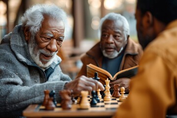 In a quiet indoor setting, a group of senior citizens engage in a strategic battle of wits and concentration over a chessboard, their faces reflecting determination and focus as they manipulate the c - obrazy, fototapety, plakaty