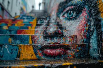 The dynamic street art scene, where colorful murals and graffiti add vibrancy to the city's cultural expression. Concept of urban artistic exploration. Generative Ai.