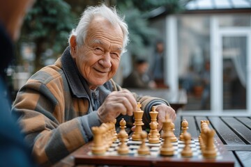 Amidst the tranquility of nature, a wise elder engages in a strategic battle of the mind, carefully moving his chessmen on the board as his face reflects a lifetime of experience and cunning
