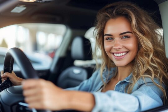 A joyful woman in stylish clothing smiles brightly at the camera while sitting in the driver's seat of a car, her hand resting on the steering wheel and her reflection visible in the rearview mirror