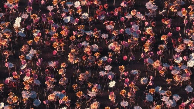 3D animation - Looped animated background of colorful flowers moved by the wind at sunset