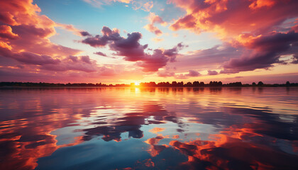 Sunset over water, nature reflection in tranquil dusk generated by AI