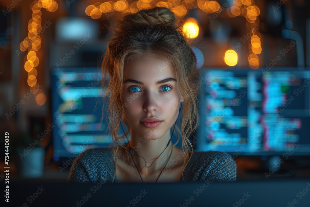 Poster a tech-savvy woman coding and programming on her computer, breaking barriers and excelling in the fi
