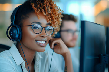 A young woman with a bright smile wears glasses and headphones indoors, exuding style and confidence as she listens intently to her music - obrazy, fototapety, plakaty