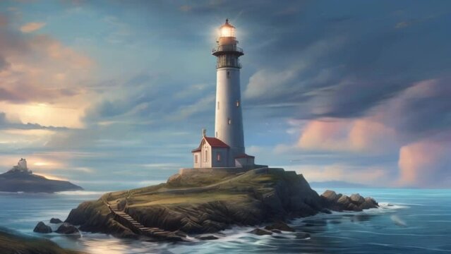 Illustration of lighthouse illuminating a marine bay, seascape, motion