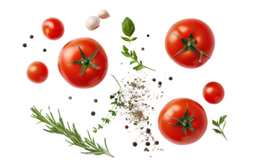 fresh tomato, herbs and spices isolated on transparent and white background.PNG image