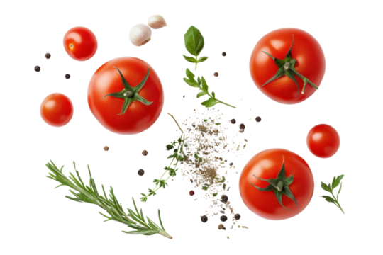 fresh tomato, herbs and spices isolated on transparent and white background.PNG image