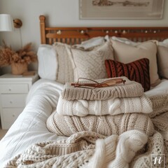 A cozy bedroom filled with soft linens and warm sweaters, inviting you to snuggle up and relax in the comfort of a cushioned bed surrounded by elegant furniture and delicate textures