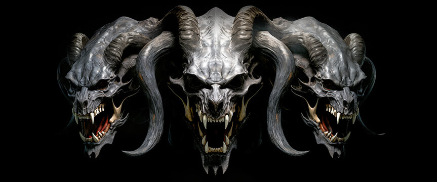 Occult Intrigue: Devil Hell Lion Skulls With Horns - A Sinister Religious Image Evoking Dark Mysteries.