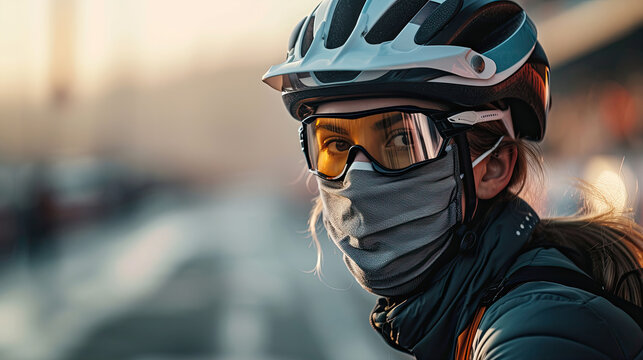 biker woman wearing a helmet and mask 