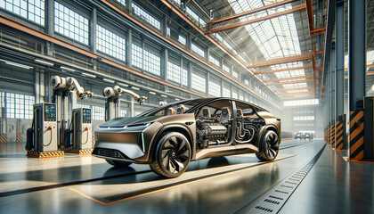 Sleek hybrid vehicle in futuristic warehouse, showcasing advanced engineering and eco-friendly design.