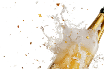 Close-up of champagne explosion isolated on transparent and white background.PNG image	