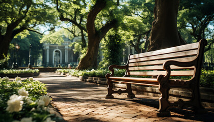 A tranquil scene old bench under tree, nature relaxation generated by AI