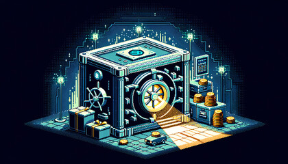 Pixel art bank vault symbolizing secured loans with nostalgic charm