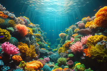 Fototapeta na wymiar An underwater coral reef scene, teeming with diverse marine life and coral formations, illustrating the importance of marine conservation. Concept of underwater biodiversity. Generative Ai.