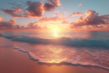 A tranquil beach scene at sunrise, with gentle waves kissing the shore, portraying the serene and rejuvenating power of coastal landscapes. Concept of dawn serenity. Generative Ai.